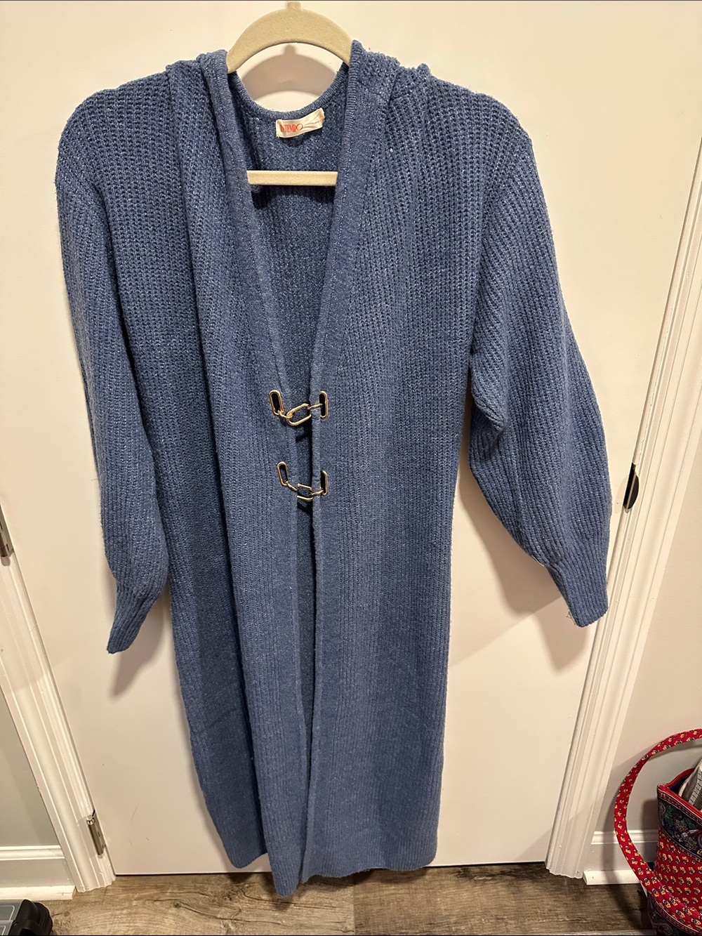 Hooded Longline Cardigan in Dusty Blue with Toggle Closures